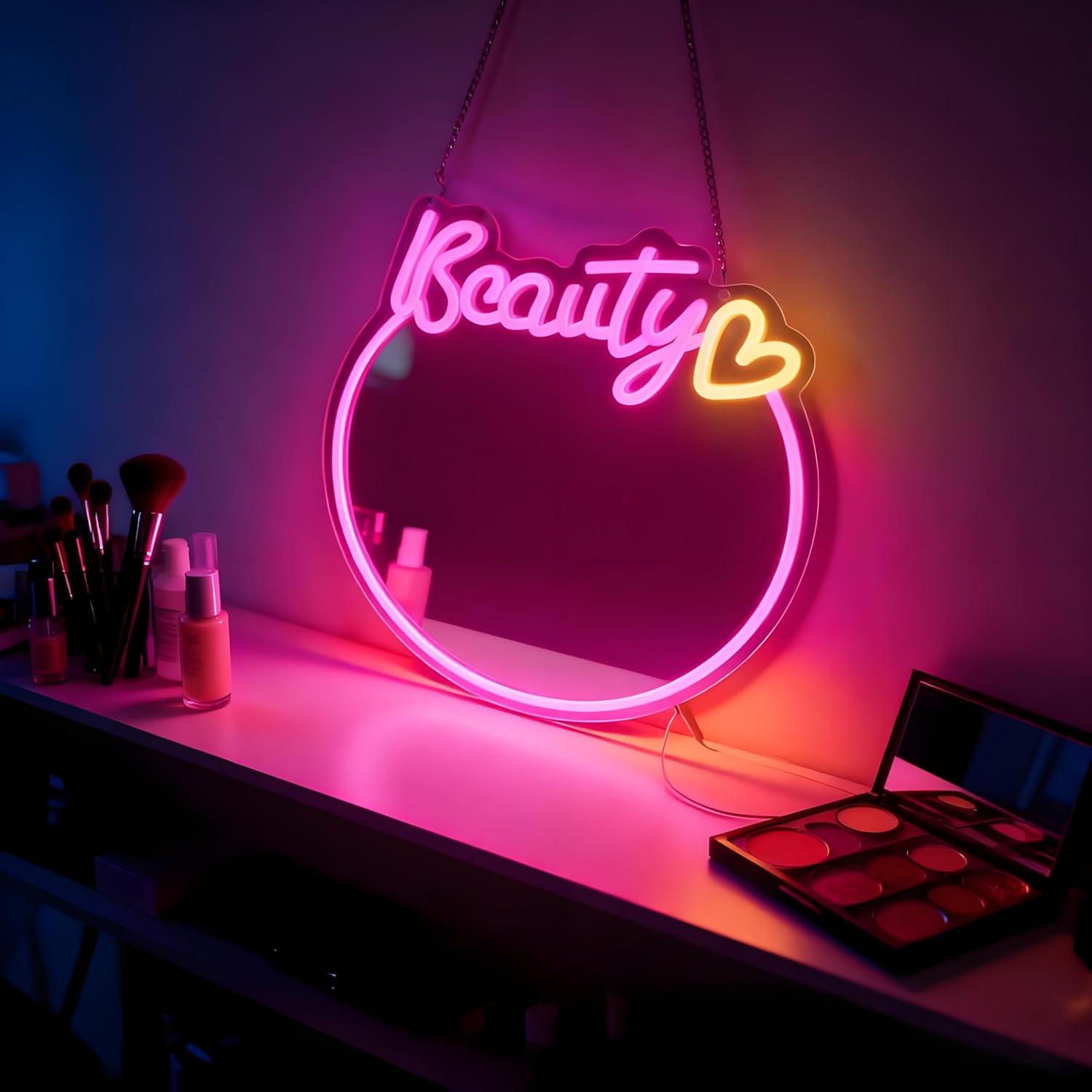 Beauty No Makeup - ป้ายไฟนีออนรูปกระจกแต่งหน้า ไฟ LED ปรับความสว่างได้ด้วย USB สำหรับห้องแต่งตัว